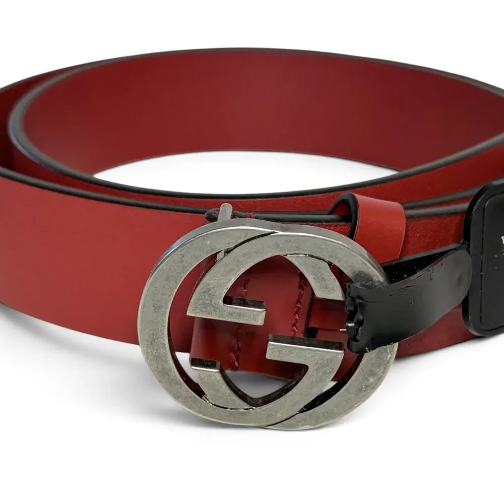 Gucci Interlocking G Red Leather Belt Silver Buckle Size 95/38 NWT Authentic